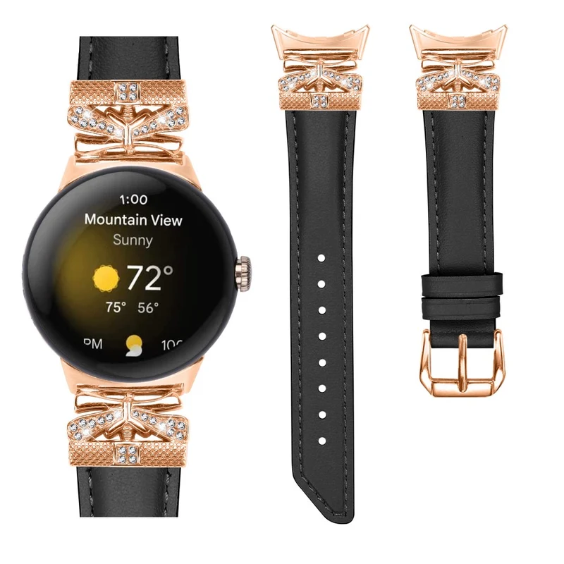 Google Pixel Watch Genuine Cowhide Leather Watch Strap Rhinestone Design (Rose Gold Buckle)