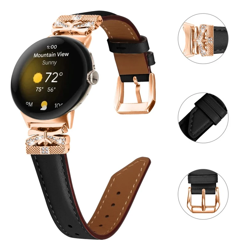Google Pixel Watch Genuine Cowhide Leather Watch Strap Rhinestone Design (Rose Gold Buckle)