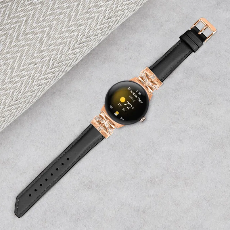 Google Pixel Watch Genuine Cowhide Leather Watch Strap Rhinestone Design (Rose Gold Buckle)