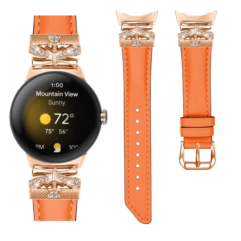 Google Pixel Watch Genuine Cowhide Leather Watch Strap Rhinestone Design (Rose Gold Buckle)