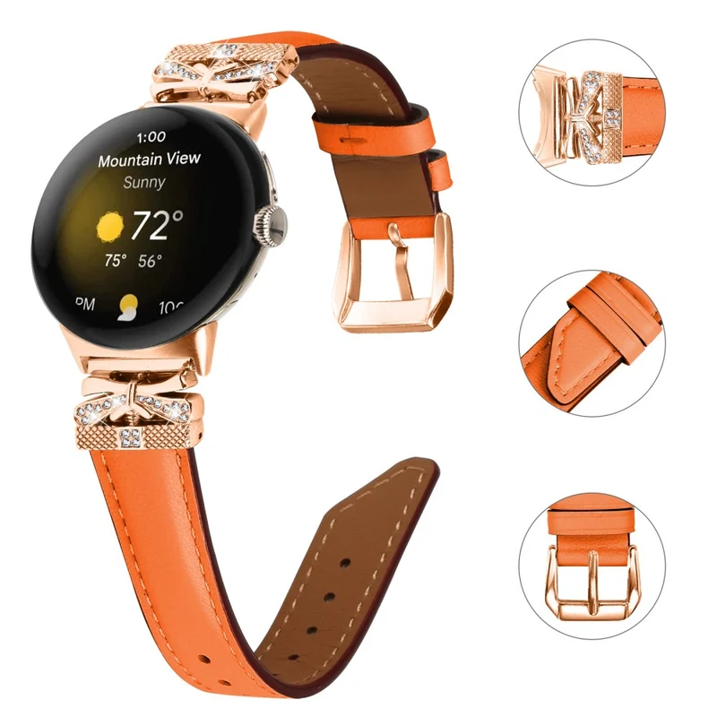 Google Pixel Watch Genuine Cowhide Leather Watch Strap Rhinestone Design (Rose Gold Buckle)