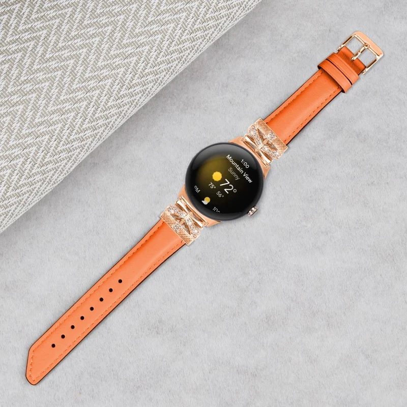 Google Pixel Watch Genuine Cowhide Leather Watch Strap Rhinestone Design (Rose Gold Buckle)