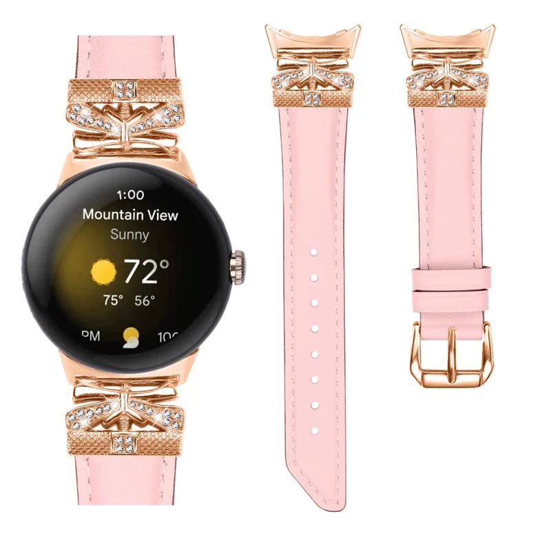 Google Pixel Watch Genuine Cowhide Leather Watch Strap Rhinestone Design (Rose Gold Buckle)