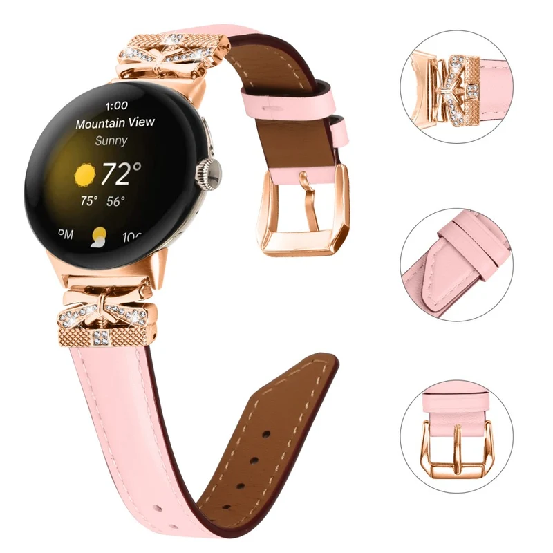 Google Pixel Watch Genuine Cowhide Leather Watch Strap Rhinestone Design (Rose Gold Buckle)