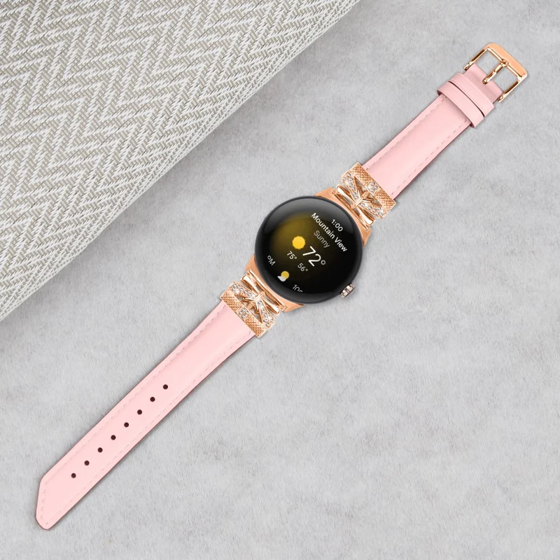 Google Pixel Watch Genuine Cowhide Leather Watch Strap Rhinestone Design (Rose Gold Buckle)