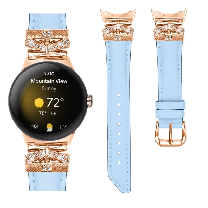 Google Pixel Watch Genuine Cowhide Leather Watch Strap Rhinestone Design (Rose Gold Buckle)