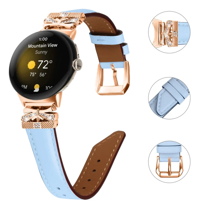Google Pixel Watch Genuine Cowhide Leather Watch Strap Rhinestone Design (Rose Gold Buckle)