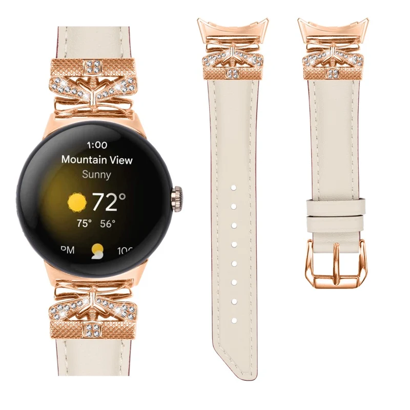 Google Pixel Watch Genuine Cowhide Leather Watch Strap Rhinestone Design (Rose Gold Buckle)