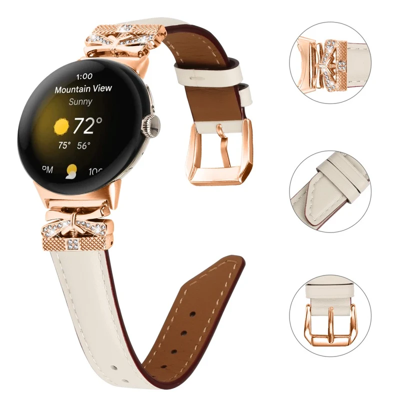 Google Pixel Watch Genuine Cowhide Leather Watch Strap Rhinestone Design (Rose Gold Buckle)