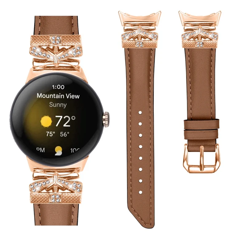 Google Pixel Watch Genuine Cowhide Leather Watch Strap Rhinestone Design (Rose Gold Buckle)