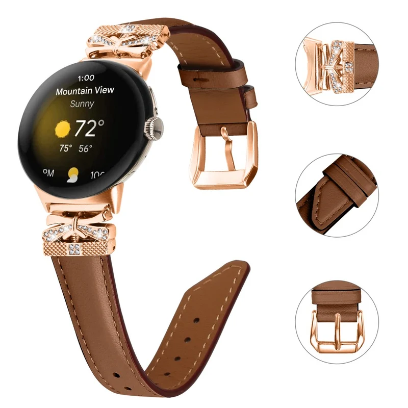 Google Pixel Watch Genuine Cowhide Leather Watch Strap Rhinestone Design (Rose Gold Buckle)