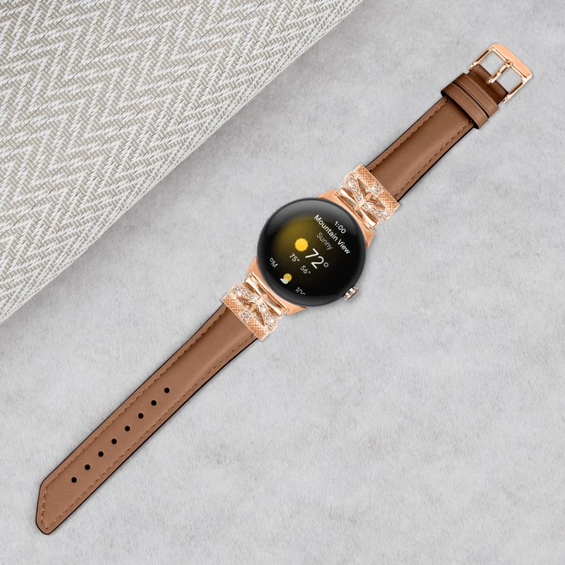 Google Pixel Watch Genuine Cowhide Leather Watch Strap Rhinestone Design (Rose Gold Buckle)