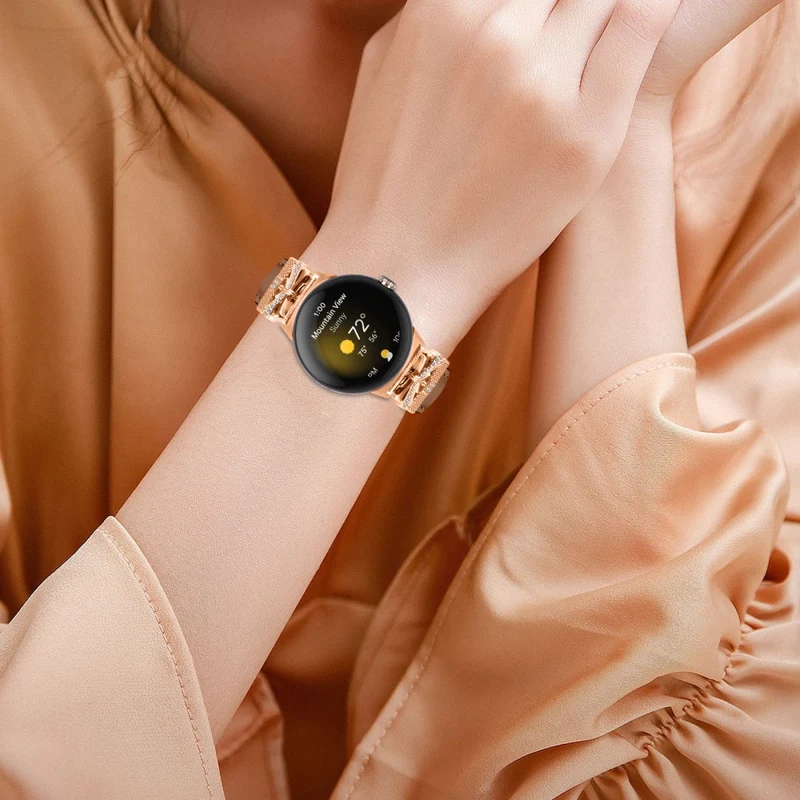 Google Pixel Watch Genuine Cowhide Leather Watch Strap Rhinestone Design (Rose Gold Buckle)