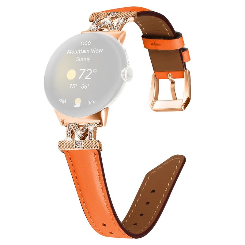 Google Pixel Watch / Pixel Watch 2 Rose Gold Buckle Genuine Cowhide Leather Adjustable Watch Strap with M Shape Rhinestone Decor