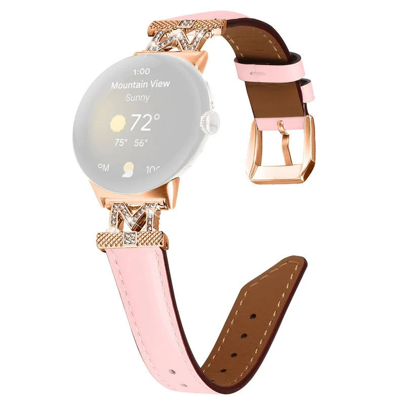 Google Pixel Watch / Pixel Watch 2 Rose Gold Buckle Genuine Cowhide Leather Adjustable Watch Strap with M Shape Rhinestone Decor