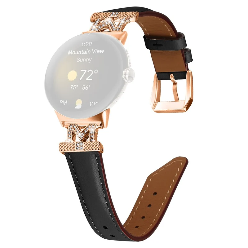 Google Pixel Watch / Pixel Watch 2 Rose Gold Buckle Genuine Cowhide Leather Adjustable Watch Strap with M Shape Rhinestone Decor