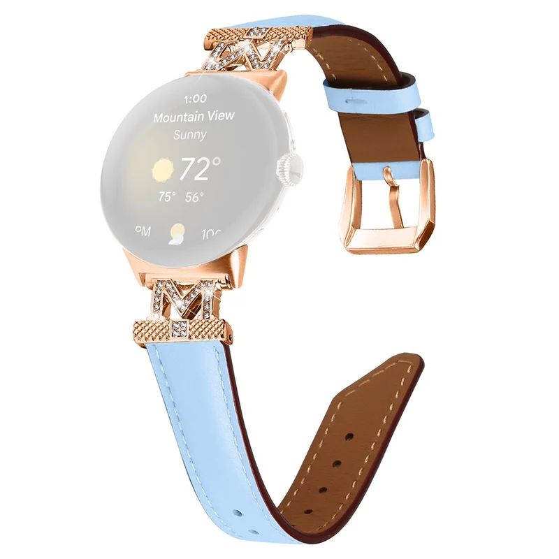 Google Pixel Watch / Pixel Watch 2 Rose Gold Buckle Genuine Cowhide Leather Adjustable Watch Strap with M Shape Rhinestone Decor