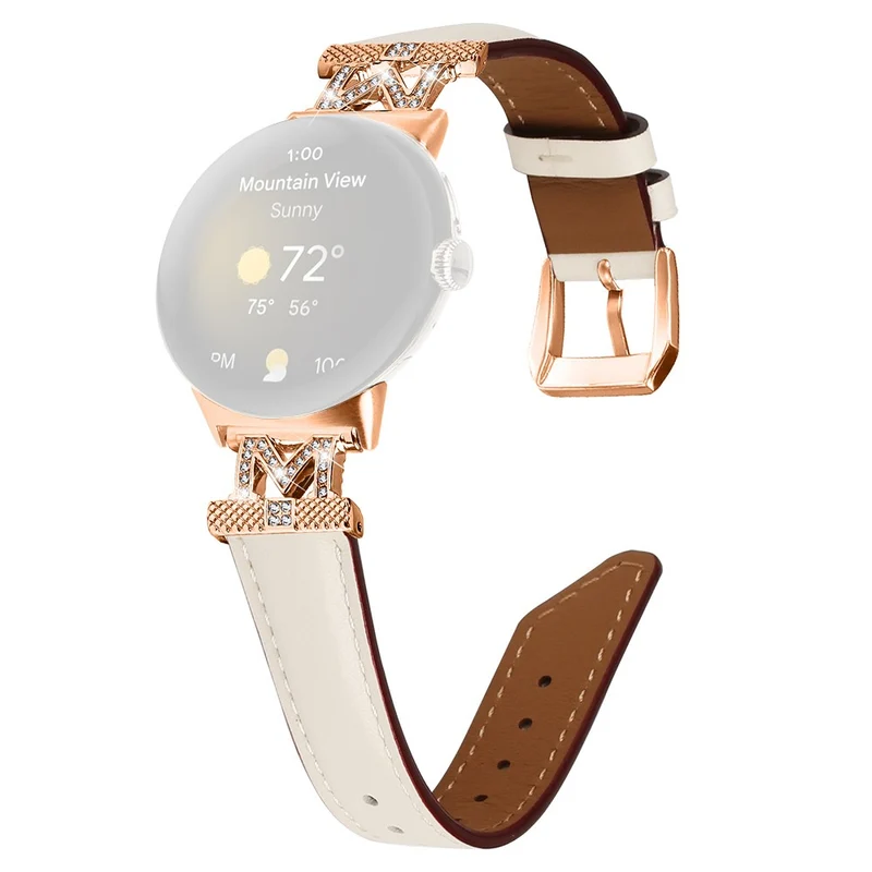 Google Pixel Watch / Pixel Watch 2 Rose Gold Buckle Genuine Cowhide Leather Adjustable Watch Strap with M Shape Rhinestone Decor