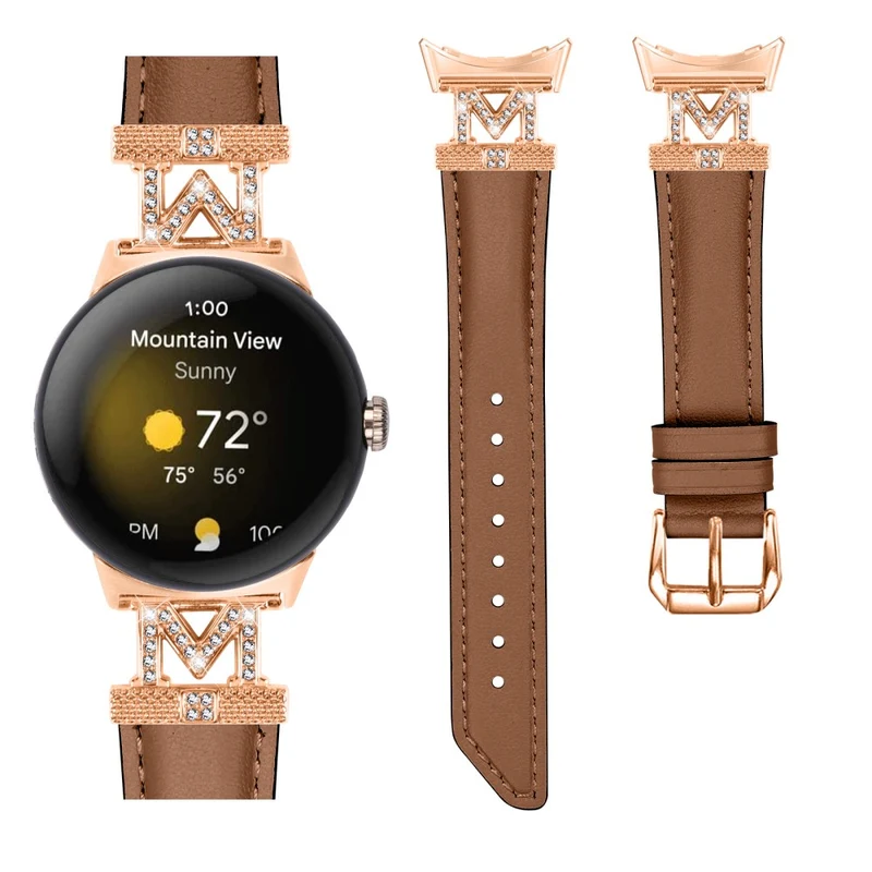 Google Pixel Watch / Pixel Watch 2 Rose Gold Buckle Genuine Cowhide Leather Adjustable Watch Strap with M Shape Rhinestone Decor