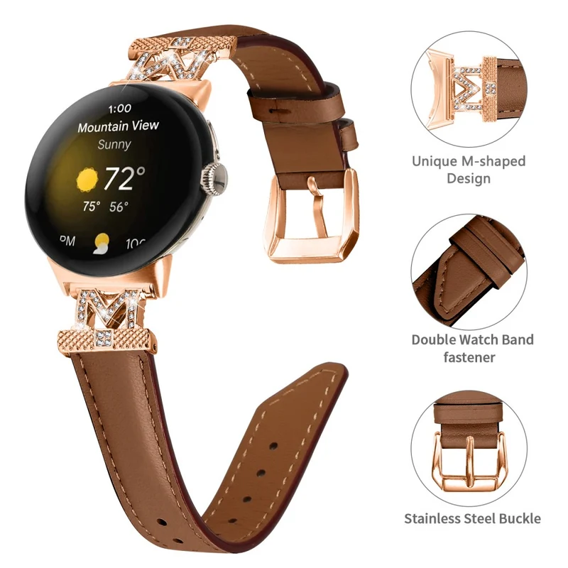 Google Pixel Watch / Pixel Watch 2 Rose Gold Buckle Genuine Cowhide Leather Adjustable Watch Strap with M Shape Rhinestone Decor