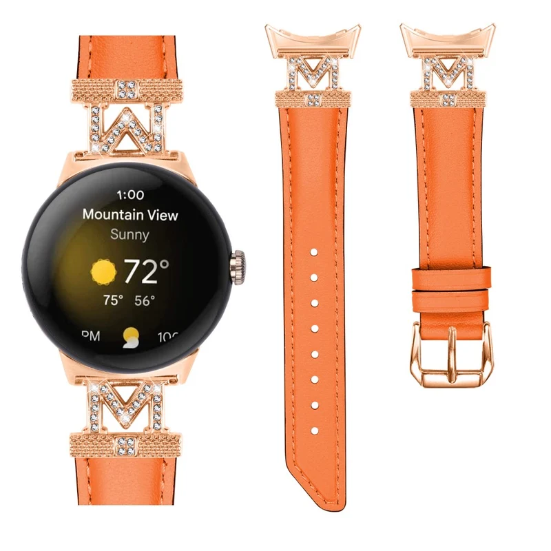 Google Pixel Watch / Pixel Watch 2 Rose Gold Buckle Genuine Cowhide Leather Adjustable Watch Strap with M Shape Rhinestone Decor