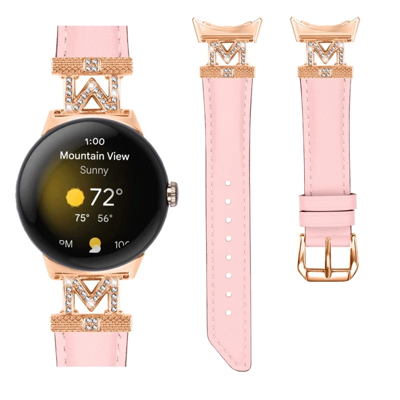 Google Pixel Watch / Pixel Watch 2 Rose Gold Buckle Genuine Cowhide Leather Adjustable Watch Strap with M Shape Rhinestone Decor