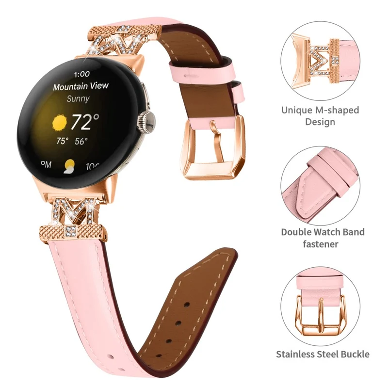 Google Pixel Watch / Pixel Watch 2 Rose Gold Buckle Genuine Cowhide Leather Adjustable Watch Strap with M Shape Rhinestone Decor