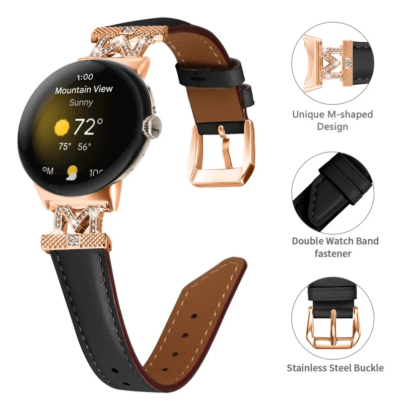 Google Pixel Watch / Pixel Watch 2 Rose Gold Buckle Genuine Cowhide Leather Adjustable Watch Strap with M Shape Rhinestone Decor