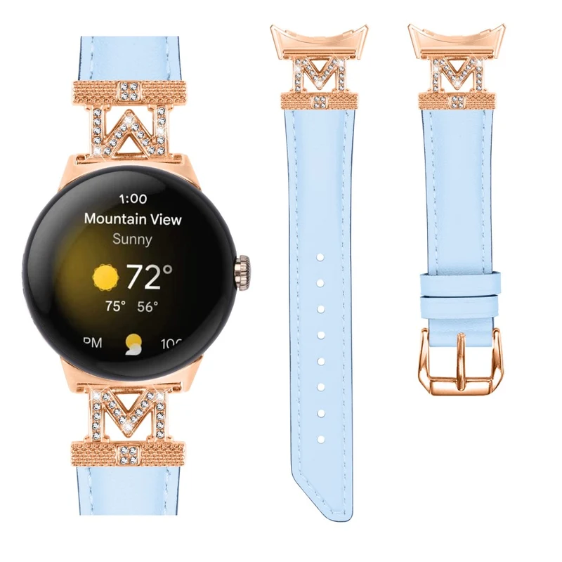 Google Pixel Watch / Pixel Watch 2 Rose Gold Buckle Genuine Cowhide Leather Adjustable Watch Strap with M Shape Rhinestone Decor