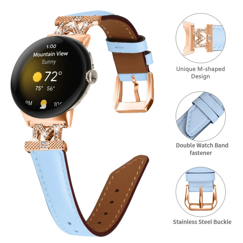 Google Pixel Watch / Pixel Watch 2 Rose Gold Buckle Genuine Cowhide Leather Adjustable Watch Strap with M Shape Rhinestone Decor