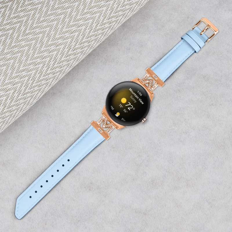 Google Pixel Watch / Pixel Watch 2 Rose Gold Buckle Genuine Cowhide Leather Adjustable Watch Strap with M Shape Rhinestone Decor