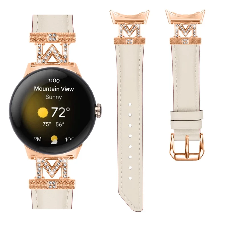Google Pixel Watch / Pixel Watch 2 Rose Gold Buckle Genuine Cowhide Leather Adjustable Watch Strap with M Shape Rhinestone Decor