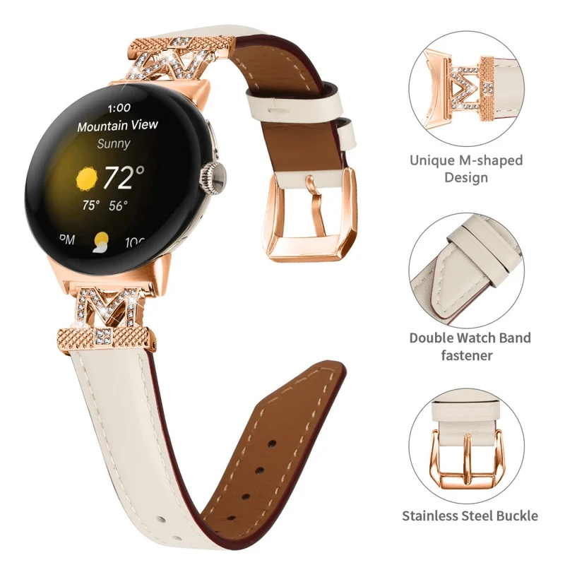 Google Pixel Watch / Pixel Watch 2 Rose Gold Buckle Genuine Cowhide Leather Adjustable Watch Strap with M Shape Rhinestone Decor