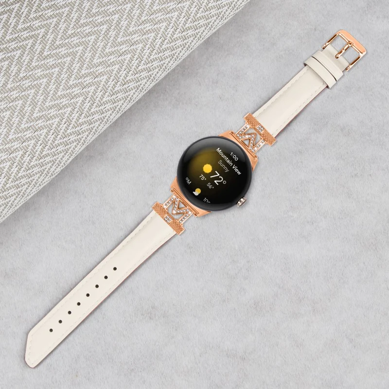 Google Pixel Watch / Pixel Watch 2 Rose Gold Buckle Genuine Cowhide Leather Adjustable Watch Strap with M Shape Rhinestone Decor
