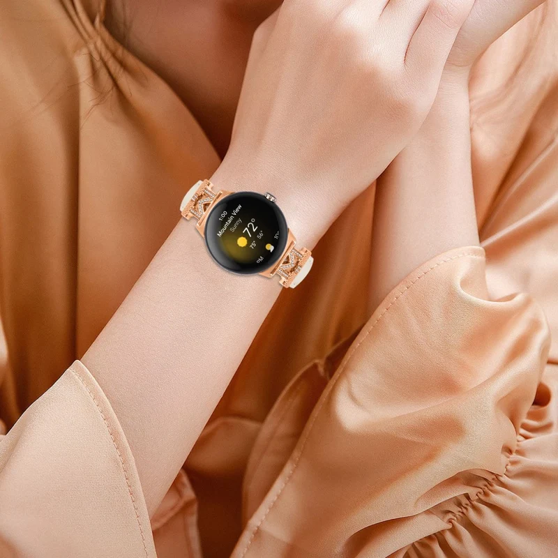 Google Pixel Watch / Pixel Watch 2 Rose Gold Buckle Genuine Cowhide Leather Adjustable Watch Strap with M Shape Rhinestone Decor