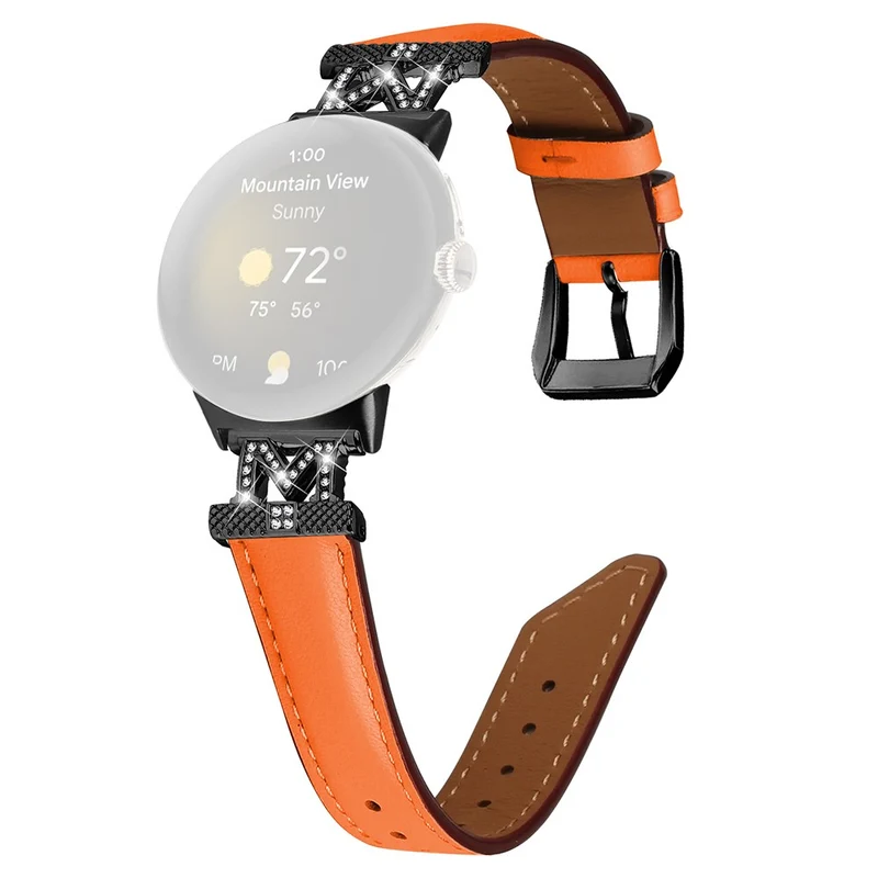 Watch Band Google Pixel Watch / Pixel Watch 2 Black Buckle Genuine Cowhide Leather Strap with M Shape Rhinestone Decor