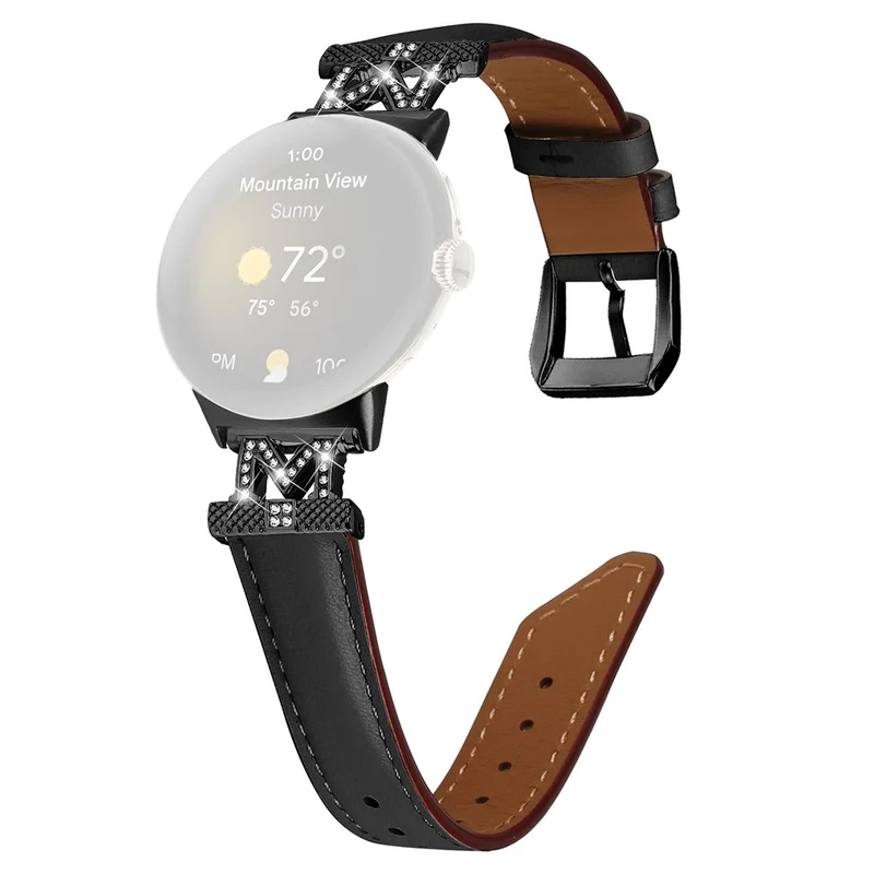 Watch Band Google Pixel Watch / Pixel Watch 2 Black Buckle Genuine Cowhide Leather Strap with M Shape Rhinestone Decor
