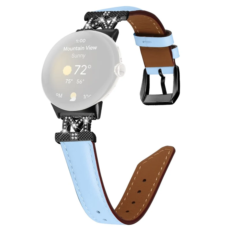 Watch Band Google Pixel Watch / Pixel Watch 2 Black Buckle Genuine Cowhide Leather Strap with M Shape Rhinestone Decor