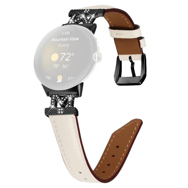 Watch Band Google Pixel Watch / Pixel Watch 2 Black Buckle Genuine Cowhide Leather Strap with M Shape Rhinestone Decor