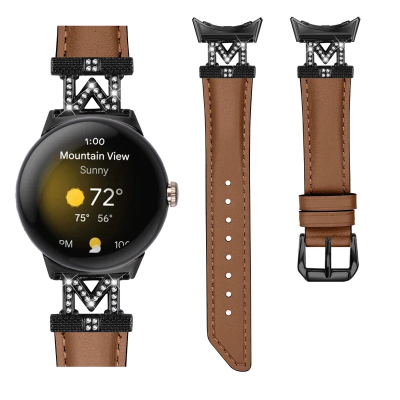 Watch Band Google Pixel Watch / Pixel Watch 2 Black Buckle Genuine Cowhide Leather Strap with M Shape Rhinestone Decor