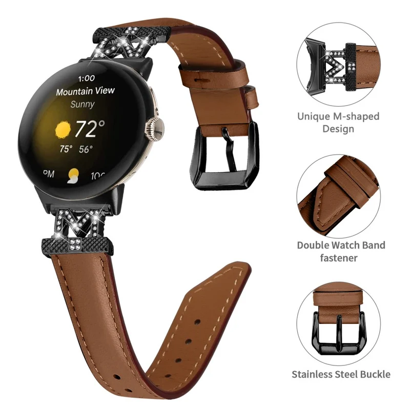 Watch Band Google Pixel Watch / Pixel Watch 2 Black Buckle Genuine Cowhide Leather Strap with M Shape Rhinestone Decor
