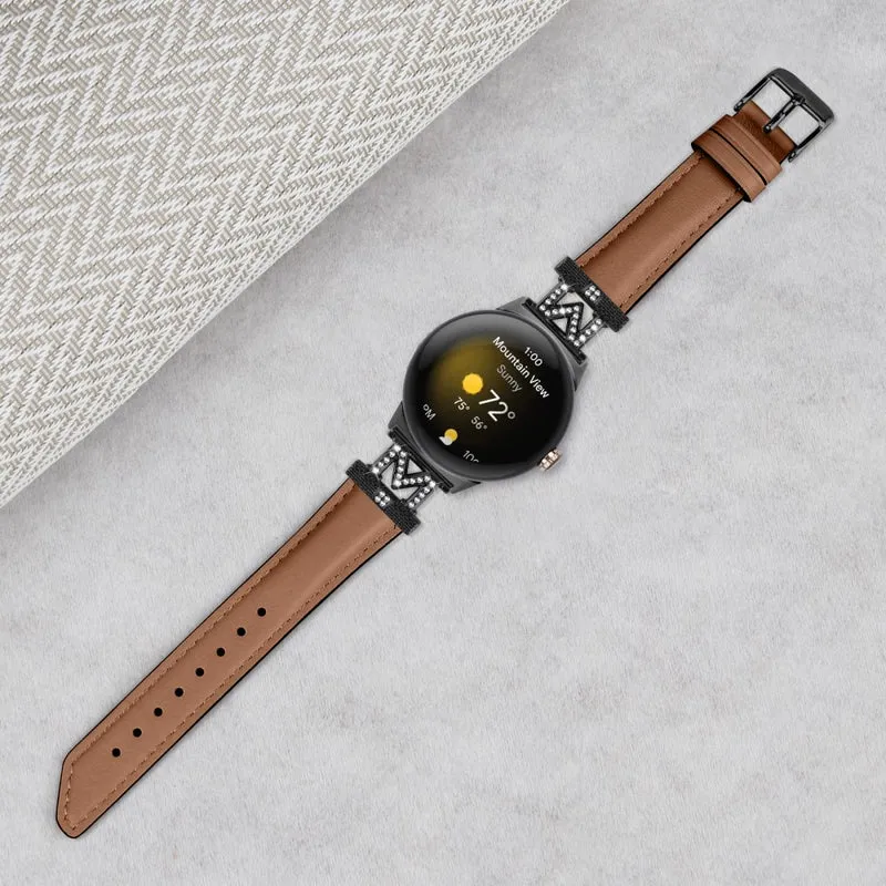 Watch Band Google Pixel Watch / Pixel Watch 2 Black Buckle Genuine Cowhide Leather Strap with M Shape Rhinestone Decor