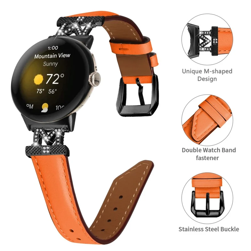 Watch Band Google Pixel Watch / Pixel Watch 2 Black Buckle Genuine Cowhide Leather Strap with M Shape Rhinestone Decor