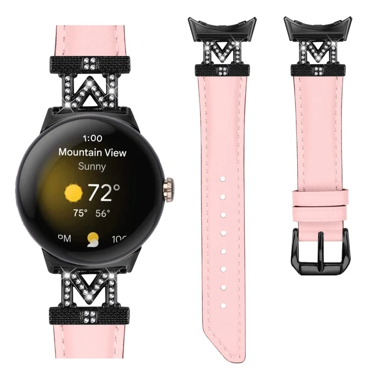 Watch Band Google Pixel Watch / Pixel Watch 2 Black Buckle Genuine Cowhide Leather Strap with M Shape Rhinestone Decor