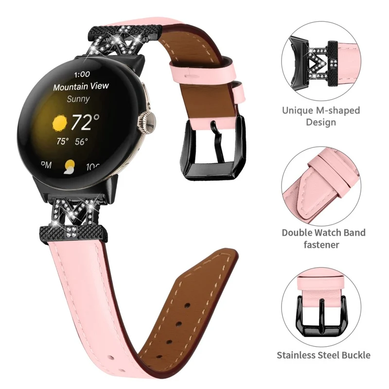 Watch Band Google Pixel Watch / Pixel Watch 2 Black Buckle Genuine Cowhide Leather Strap with M Shape Rhinestone Decor