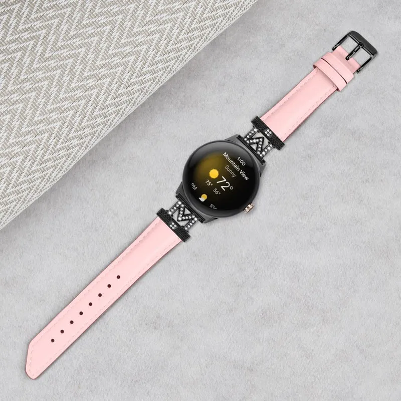 Watch Band Google Pixel Watch / Pixel Watch 2 Black Buckle Genuine Cowhide Leather Strap with M Shape Rhinestone Decor