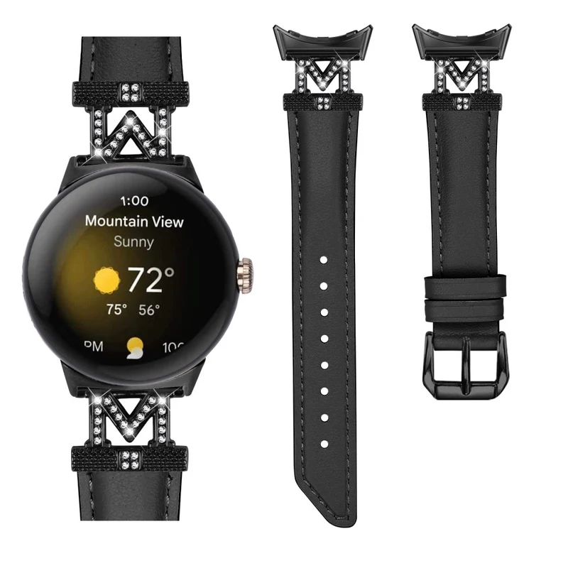 Watch Band Google Pixel Watch / Pixel Watch 2 Black Buckle Genuine Cowhide Leather Strap with M Shape Rhinestone Decor