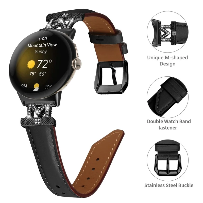 Watch Band Google Pixel Watch / Pixel Watch 2 Black Buckle Genuine Cowhide Leather Strap with M Shape Rhinestone Decor