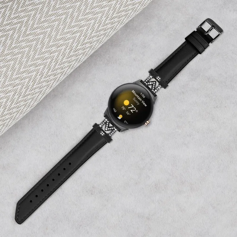 Watch Band Google Pixel Watch / Pixel Watch 2 Black Buckle Genuine Cowhide Leather Strap with M Shape Rhinestone Decor