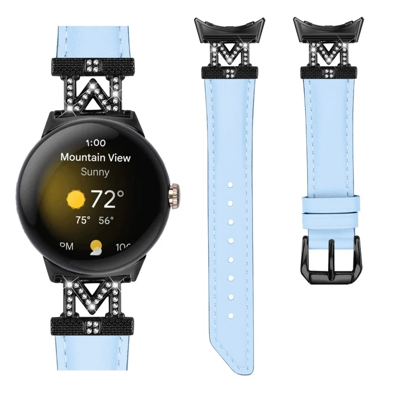 Watch Band Google Pixel Watch / Pixel Watch 2 Black Buckle Genuine Cowhide Leather Strap with M Shape Rhinestone Decor
